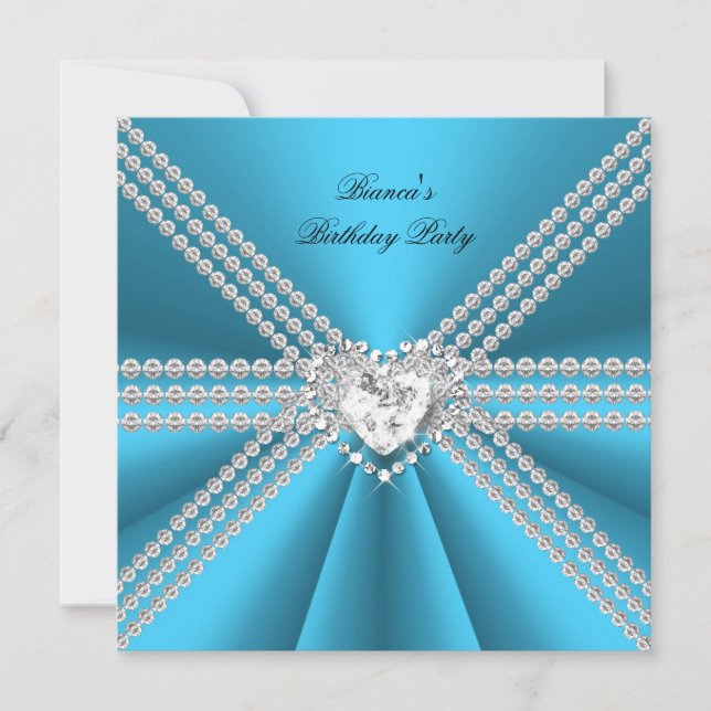 Elegant 50th Birthday Silver Blue Diamond Heart Invitation (Front)