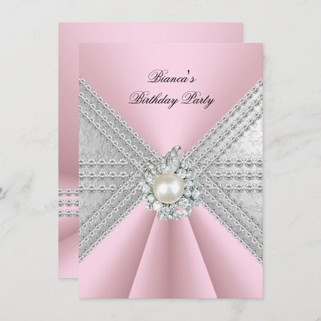 Elegant 50th Birthday Silver Pink Diamond Pearl Invitation (Front/Back)