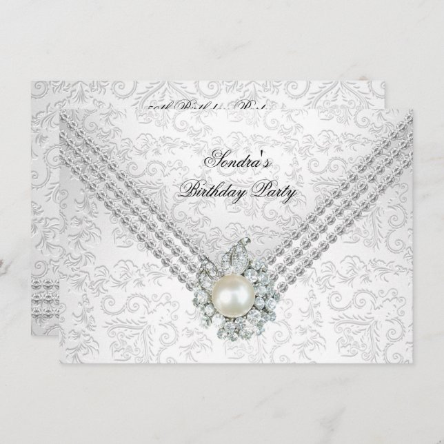 Elegant 50th Birthday Silver White Diamond Pearl Invitation (Front/Back)