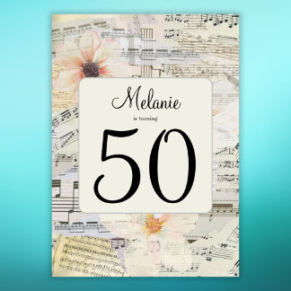 Elegant 50th Birthday Vintage Music Floral Invitation