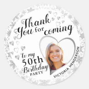 Elegant 50th Birthday Winter Silver Thank You Classic Round Sticker