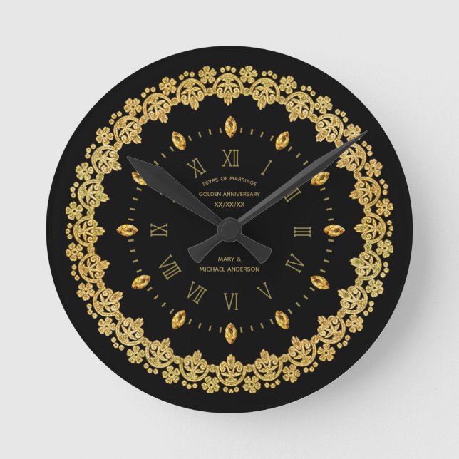 Elegant 50th Golden Anniversary Black Gold Custom Round Clock (Front)