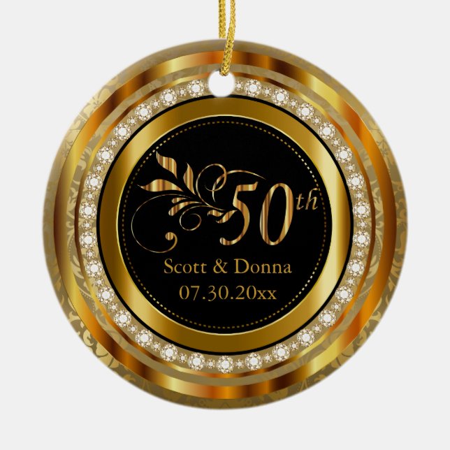 Elegant 50th Golden Diamond Anniversary Ceramic Ornament (Front)