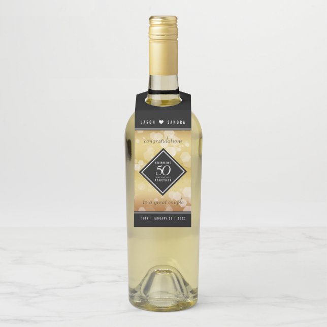 Elegant 50th Golden Wedding Anniversary Bottle Tag (On Bottle)