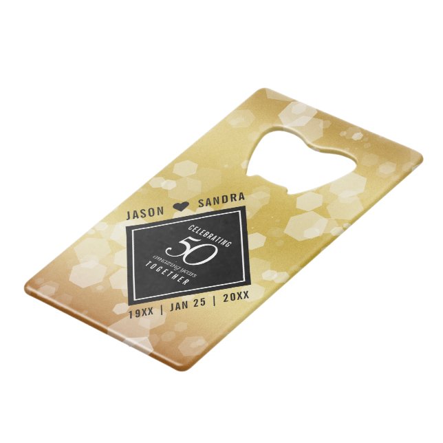 Elegant 50th Golden Wedding Anniversary Credit Card Bottle Opener (Front Angled)