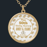 Elegant 50th Golden Wedding Anniversary Custom Gold Plated Necklace<br><div class="desc">Elegant Gold Flowers Happy 50th Wedding Anniversary Gold Plated Necklace design. You can easily change or remove the names and the text as needed. You can also change the font type, font colour and font size if you want. Click -->"Personalize" to find the customizing tools. You can do whatever you...</div>