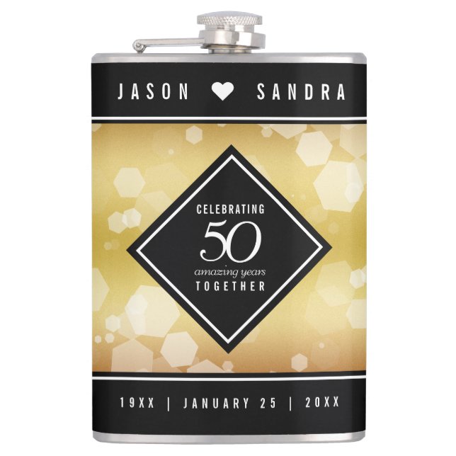 Elegant 50th Golden Wedding Anniversary Hip Flask (Front)