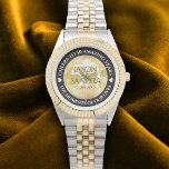 Elegant 50th Golden Wedding Anniversary Watch<br><div class="desc">Celebrate the 50th wedding anniversary with this commemorative watch! Elegant lettering with hexagonal confetti on a faux gold foil background add a memorable touch for this special occasion and extraordinary milestone. Customize with couple's names,  dates of marriage,  and congratulatory messages.

Design © W.H. Sim. See more at zazzle.com/expressionsoccasions</div>