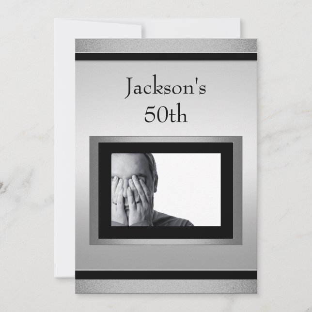 Elegant 50th Male Birthday Silver Black Photo Invitation (Front)