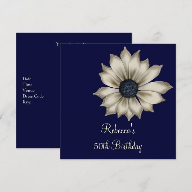Elegant 50th Navy Blue Beige Flower Birthday Party Invitation (Front/Back)
