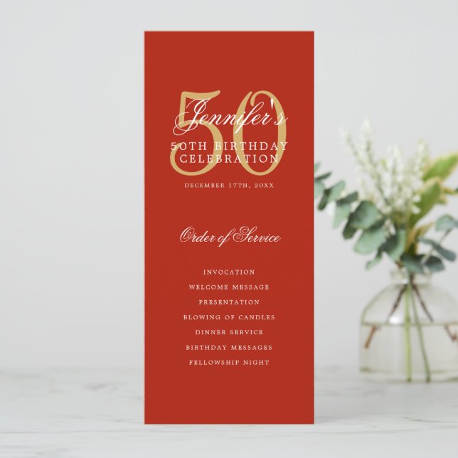 Elegant 50th Program Gold Red Menu+Thank You (Standing Front)