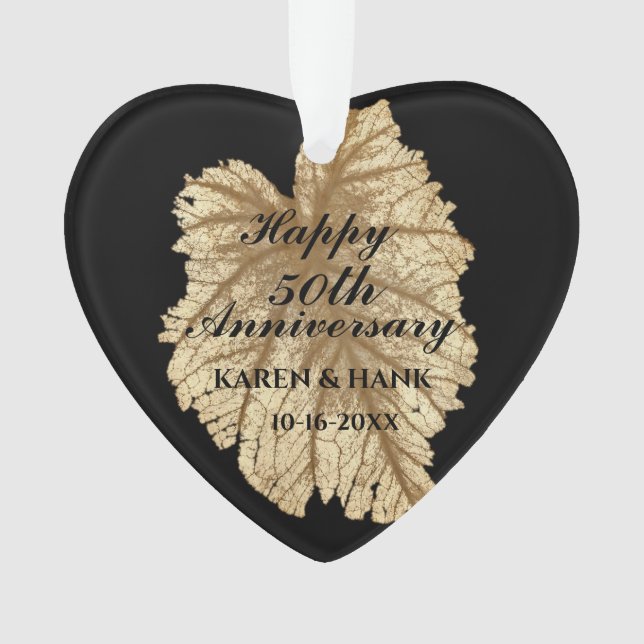 Elegant 50th Wedding Anniversary Black Gold Heart Ornament (Front)