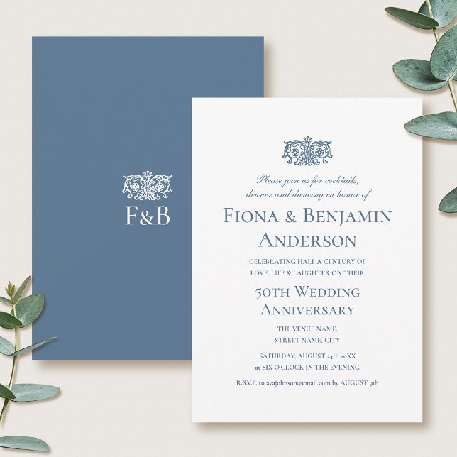Elegant 50th Wedding Anniversary Blue Formal Invitation (Creator Uploaded)