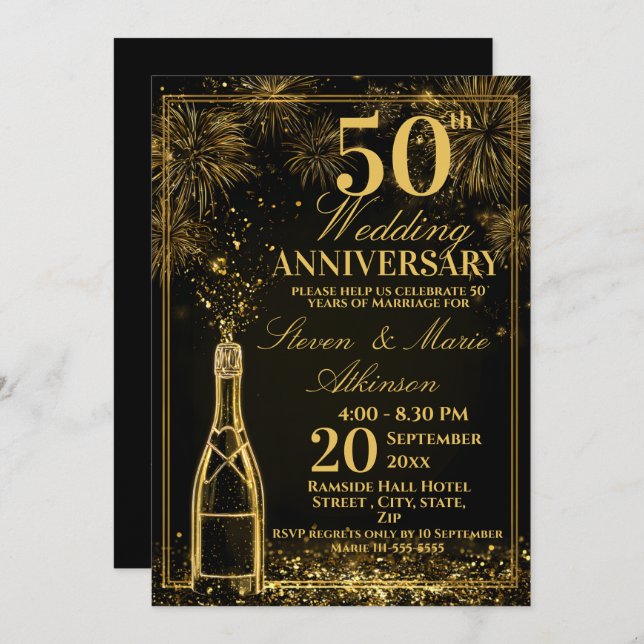 Elegant 50th Wedding Anniversary Gold Bottle Fizz Invitation (Front/Back)