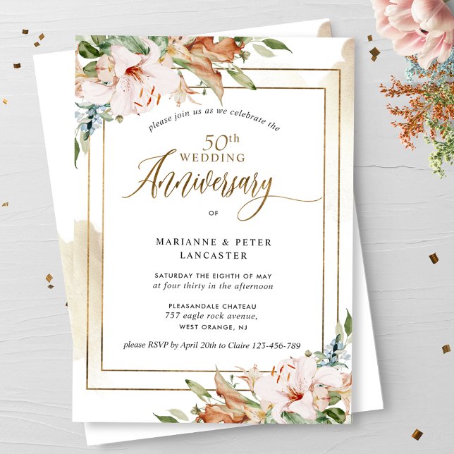 Elegant 50th Wedding Anniversary Watercolor Floral Invitation (Creator Uploaded)