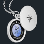 Elegant 51st Sapphire Wedding Anniversary Locket Necklace<br><div class="desc">Celebrate the 51st sapphire wedding anniversary in style with this commemorative locket! Elegant black and white lettering with hexagonal confetti on a sapphire blue background add a memorable touch for this special occasion and extraordinary milestone. Customize with the happy couple's names, and add dates for their sapphire anniversary. Design ©...</div>