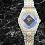 Elegant 51st Sapphire Wedding Anniversary Watch<br><div class="desc">Celebrate the 51st sapphire wedding anniversary and a love that stands the test of time with this stylish watch! Elegant black and white lettering with hexagonal confetti on a sapphire blue background add a memorable touch for this special occasion and extraordinary milestone. Personalize with the couple's names and dates of...</div>