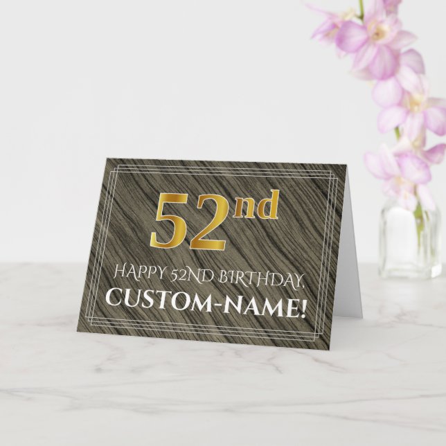 Elegant 52nd Birthday: Faux Wood, Faux Gold Look Card (Orchid)
