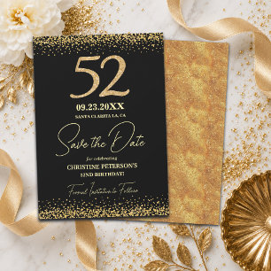 Elegant 52nd Black Gold Glitter Birthday Save The Date