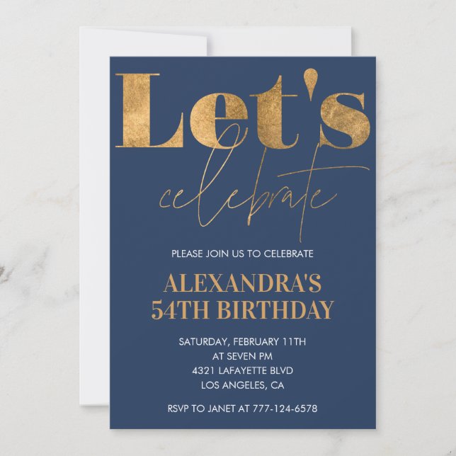 Elegant 54th birthday invitations Navy Blue Gold  (Front)