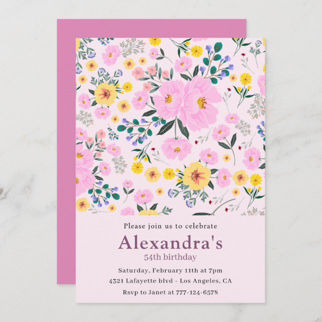 Elegant 54th birthday invitations Pink Floral Chic (Front/Back)