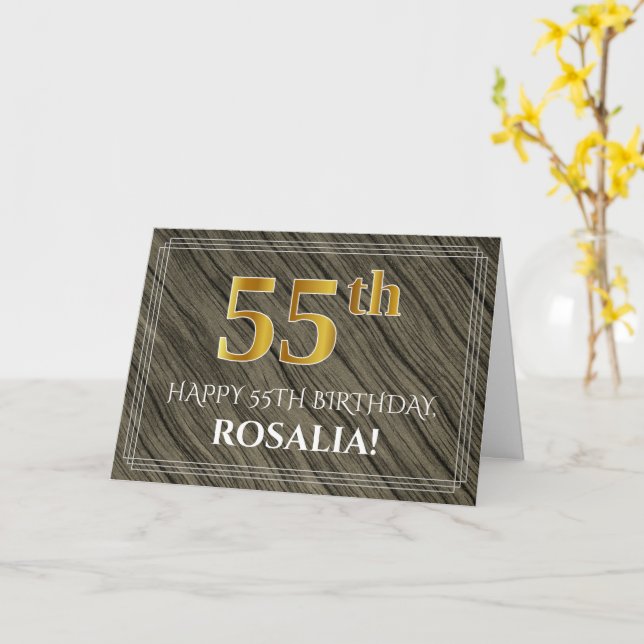 Elegant 55th Birthday: Faux Wood, Faux Gold Look Card (Yellow Flower)
