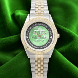 Elegant 55th Emerald Wedding Anniversary Watch<br><div class="desc">Celebrate the 55th emerald wedding anniversary with this commemorative watch! Elegant lettering with hexagonal confetti on an emerald green background add a memorable touch for this special occasion and extraordinary milestone. Customize with couple's names,  dates of marriage,  and congratulatory messages.

Design © W.H. Sim. See more at zazzle.com/expressionsoccasions</div>