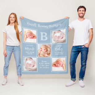Elegant 5 Photo Collage New Baby Boy Birth Stats Fleece Blanket