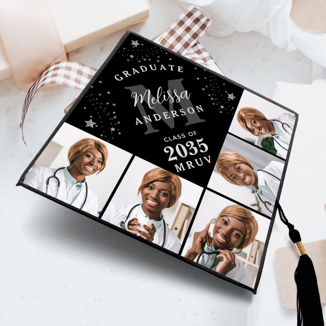 Elegant 5 Photo Personalized Monogram Black Silver Graduation Cap Topper (Creator Uploaded)