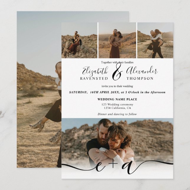 Elegant 5 Photos modern script wedding black white Invitation (Front/Back)