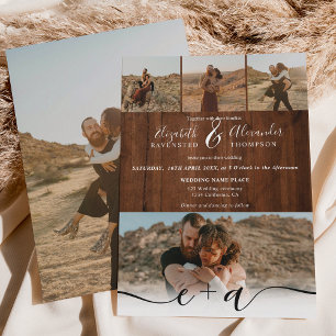 Elegant 5 Photos modern script wedding rustic wood Invitation