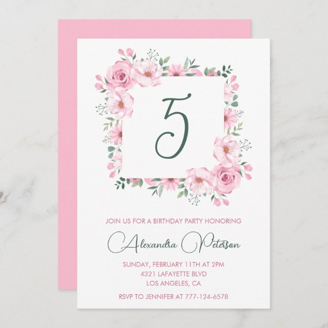 Elegant 5th birthday invitations Floral  Pink (Front/Back)