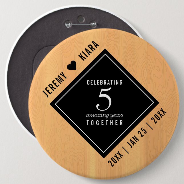 Elegant 5th Wood Wedding Anniversary 6 Inch Round Button (Front & Back)