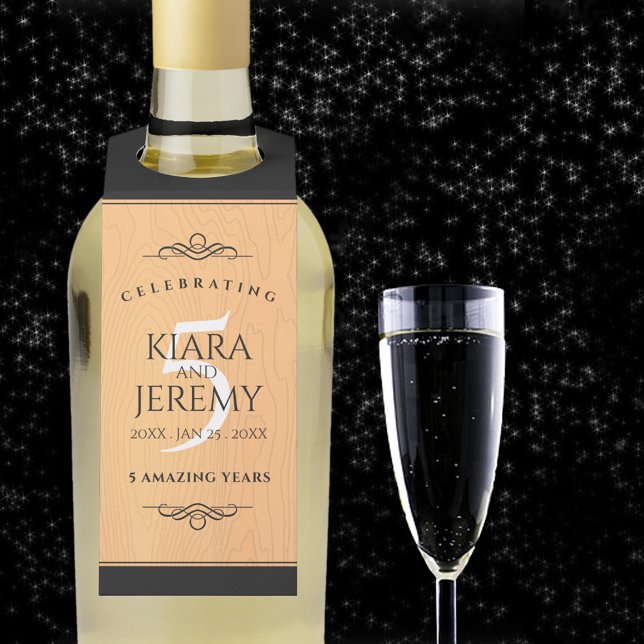 Elegant 5th Wood Wedding Anniversary Celebration Bottle Tag (5th (wood) wedding anniversary bottle hanger with champagne flute on a starry night sky.)