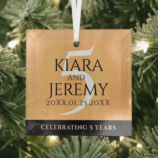 Elegant 5th Wood Wedding Anniversary Celebration Glass Ornament (Insitu)