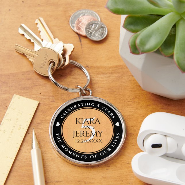 Elegant 5th Wood Wedding Anniversary Celebration Keychain (Desk)