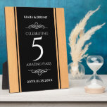 Elegant 5th Wood Wedding Anniversary Celebration Plaque<br><div class="desc">Make the 5th wood wedding anniversary an unforgettable celebration with this commemorative plaque! Elegant white lettering on light,  faux wood grain and black backgrounds add a memorable touch for this special occasion and milestone. Customize with couple's names and dates of marriage.

Design © W.H. Sim. See more at zazzle.com/expressionsoccasions</div>