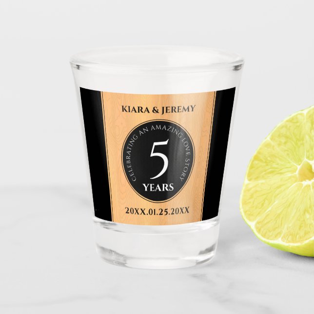 Elegant 5th Wood Wedding Anniversary Celebration Shot Glass (Front)
