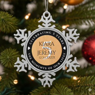 Elegant 5th Wood Wedding Anniversary Celebration Snowflake Pewter Christmas Ornament