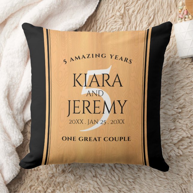 Elegant 5th Wood Wedding Anniversary Celebration Throw Pillow (Blanket)