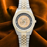 Elegant 5th Wood Wedding Anniversary Celebration Watch<br><div class="desc">Celebrate the 5th wedding anniversary with this commemorative watch! Elegant black and white serif lettering on a faux, light wood grain background add a memorable touch for this special occasion and milestone. Customize with the happy couple's names or initials, and a date for their wood anniversary. Design © W.H. Sim....</div>