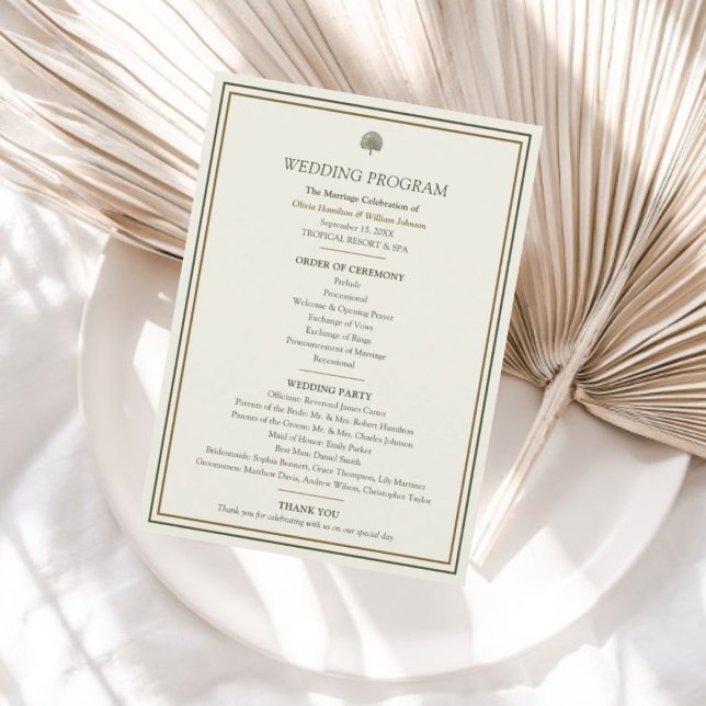 Elegant 5x7 Ivory & Gold Tropical Palm Wedding Program (Elegant wedding program with classic design for a timeless ceremony touch.)