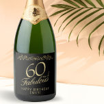 Elegant 60 and Fabulous Ornament 60th Birthday Sparkling Wine Label<br><div class="desc">Elegant 60 and Fabulous Ornament 60th Birthday Sparkling Wine Label. 60 and fabulous text in trendy golden script and an elegant ornament on black background. Personalize it with your name and your age,  and make personalized elegant wine labels for a birthday party.</div>