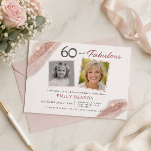 Elegant 60 and Fabulous Rose Gold Photo Birthday Invitation
