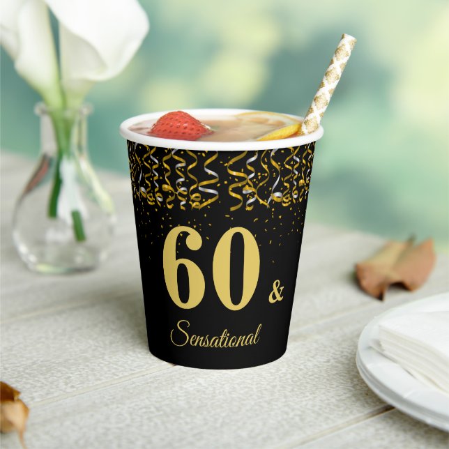 Elegant 60 & Sensational Birthday on Black Paper Cups (Insitu)