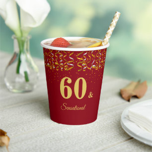 Elegant 60 & Sensational Birthday on Burgundy Paper Cups