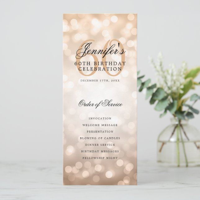 Élégant 60e anniversaire Programme Rose Gold Bokeh (Debout devant)