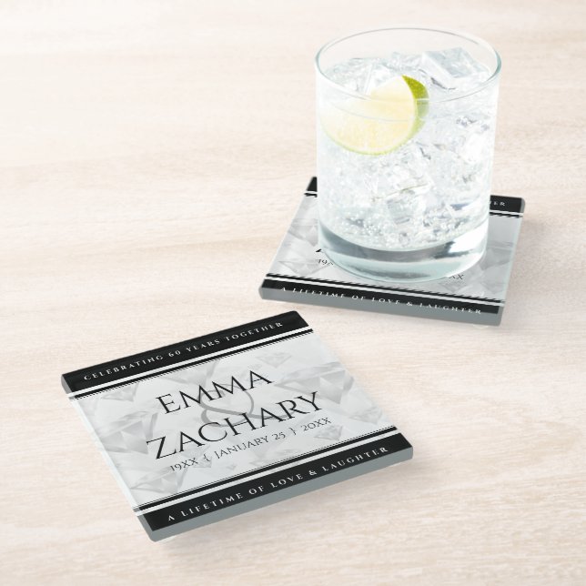 Elegant 60th 75th Diamond Wedding Anniversary Glass Coaster (Angled)