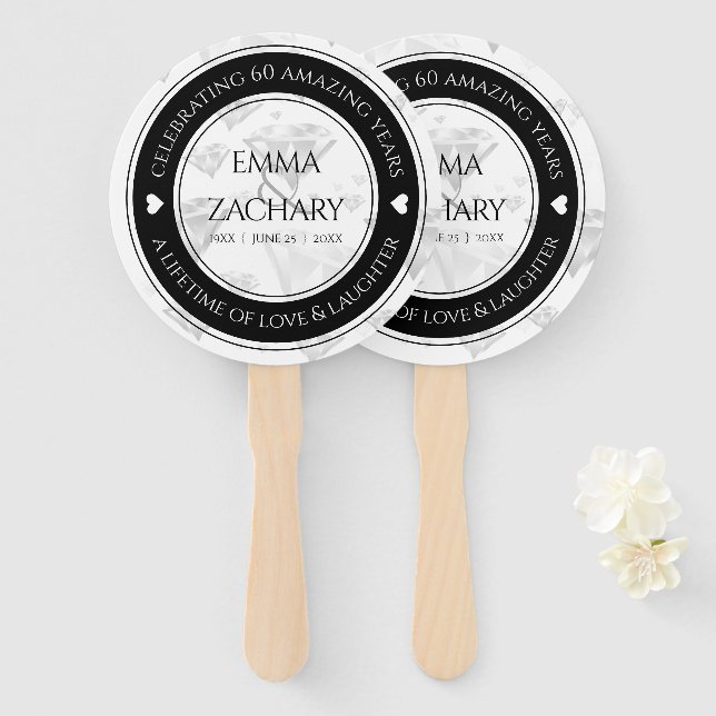 Elegant 60th 75th Diamond Wedding Anniversary Hand Fan (Front and Back)