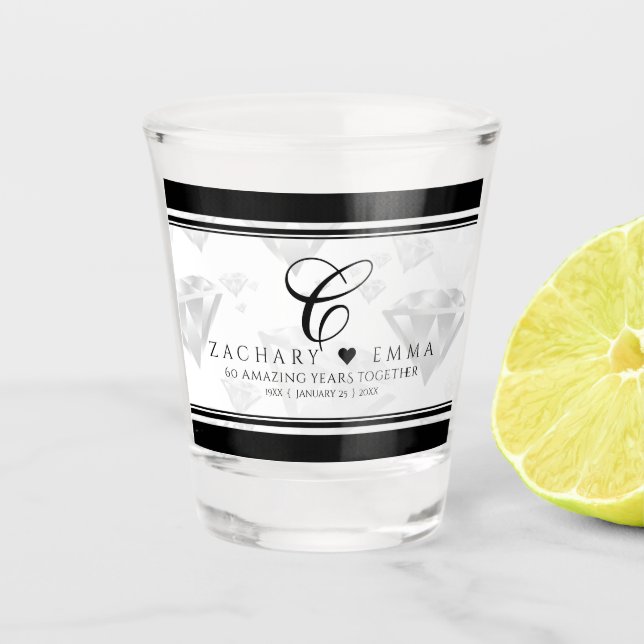 Elegant 60th 75th Diamond Wedding Anniversary Shot Glass (Front)